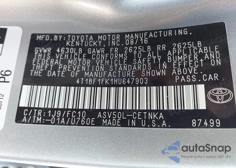 2017 Toyota Camry Le из США, поврежденный, VIN 4T1BF1FK1HU647903